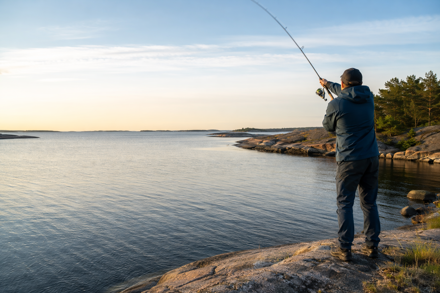 Kalastaja heittämässä Helsingin saaristossa